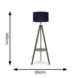 ValueLights Morrigan Grey Wood Tripod Floor Lamp with Fabric Drum Shade & Bulb in Dark Navy - thumbnail 6