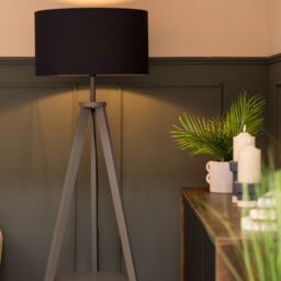 ValueLights Morrigan Grey Wood Tripod Floor Lamp with Fabric Drum Shade & Bulb in Dark Navy - thumbnail 2