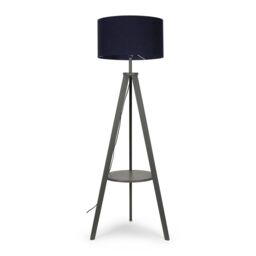 ValueLights Morrigan Grey Wood Tripod Floor Lamp with Fabric Drum Shade & Bulb in Dark Navy - thumbnail 1