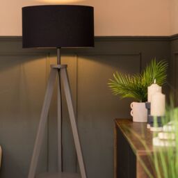 ValueLights Morrigan Grey Wood Tripod Floor Lamp with Fabric Drum Shade & Bulb in Dark Navy - thumbnail 4