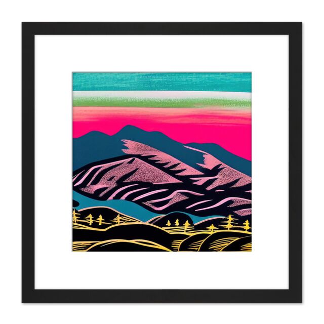 Artery8 Countryside Morning Hills Landscape Colourful Pastel Linocut Illustration Square Wooden Framed Wall Art Print Picture 8X8 Inch in Black - image 1