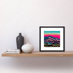 Artery8 Countryside Morning Hills Landscape Colourful Pastel Linocut Illustration Square Wooden Framed Wall Art Print Picture 8X8 Inch in Black - thumbnail 2