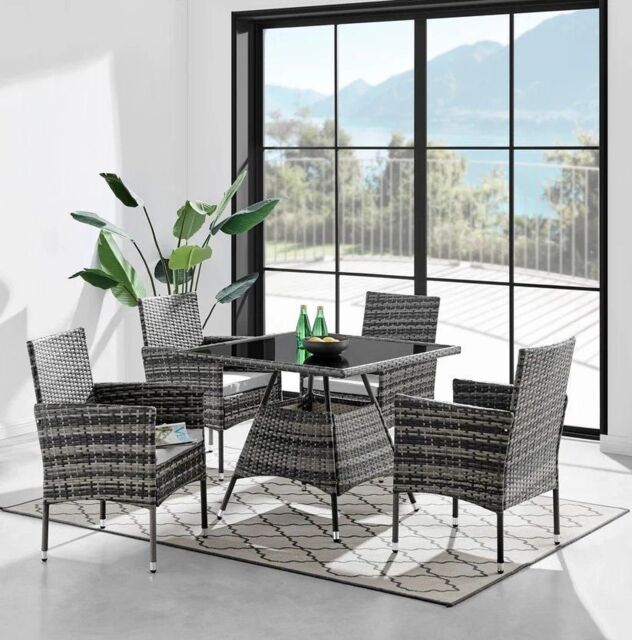 Modish Furnishing Seville Grey 4 Seater Square Rattan Dining Set Set With Light Grey Cushions - image 1
