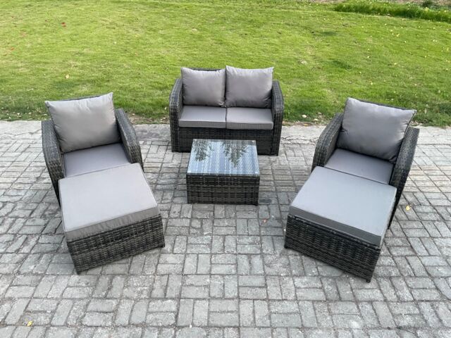 Fimous 6 Seater High Back Rattan Garden Furniture Set with Square Coffee Table 2 Big Footstool Reclining Chair Indoor Outdoor Patio Lounge Sofa Set - image 1