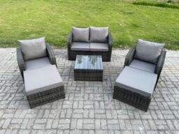 Fimous 6 Seater High Back Rattan Garden Furniture Set with Square Coffee Table 2 Big Footstool Reclining Chair Indoor Outdoor Patio Lounge Sofa Set - thumbnail 1