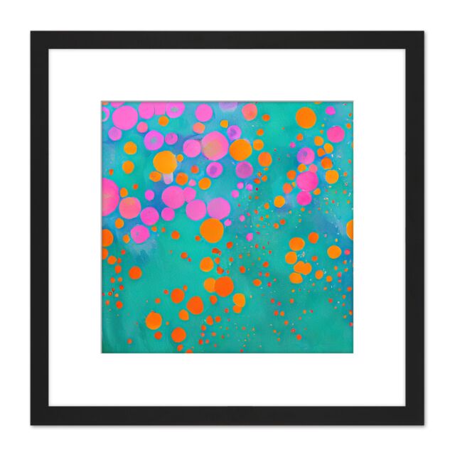 Artery8 Modern Abstract Pink Orange Circles On Teal Colourful Square Wooden Framed Wall Art Print Picture 8X8 Inch in Black - image 1