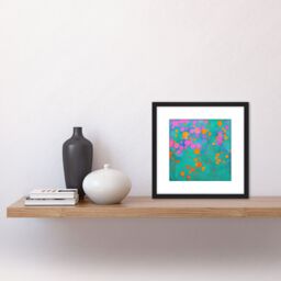 Artery8 Modern Abstract Pink Orange Circles On Teal Colourful Square Wooden Framed Wall Art Print Picture 8X8 Inch in Black - thumbnail 2
