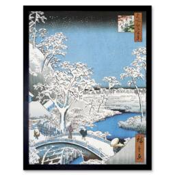"Artery8 Painting Japanese Woodblock Winter Bridge Over River Framed Art Print in Blue - Size: W12"" x H16""" - thumbnail 1