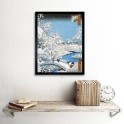 "Artery8 Painting Japanese Woodblock Winter Bridge Over River Framed Art Print in Blue - Size: W12"" x H16""" - thumbnail 2