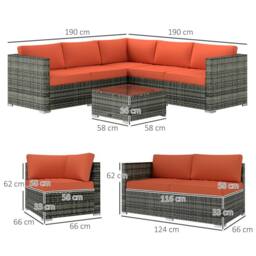 OUTSUNNY 4 Pieces Rattan Garden Furniture Sofa Set with Coffee Table Orange - thumbnail 3