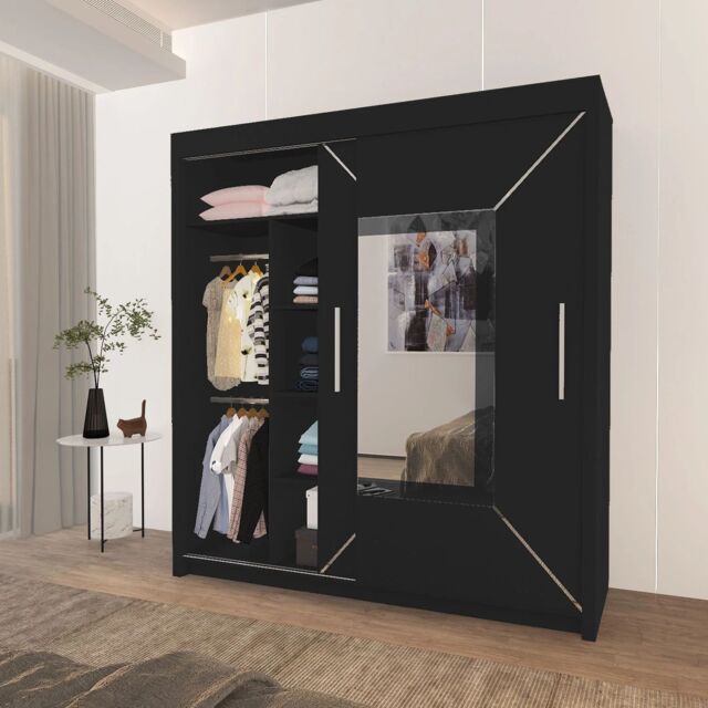 Interior Emporium Ltd IE Stylish Venice Bedroom Wardrobe with Double Sliding Doors with LED Lighting ( Black, 150 cm ) in Black - image 1