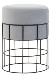 Orsina Grey Velvet Round Stool With Black Cage Base, Slimline Velvet Barstool, Stool Chair With Metal Structure