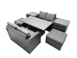 Fimous 6-seater Rattan Garden Furniture Set with 2 Big Stool 2 Side Tables in Dark Grey - thumbnail 2
