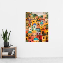 "Artery8 Colourful Moroccan Cityscape Painting Exotic Sun Wall Art Print in Orange - Size: W12"" x H16""" - thumbnail 4