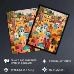 "Artery8 Colourful Moroccan Cityscape Painting Exotic Sun Wall Art Print in Orange - Size: W12"" x H16""" - thumbnail 2