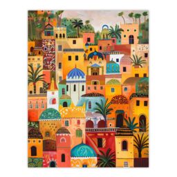 "Artery8 Colourful Moroccan Cityscape Painting Exotic Sun Wall Art Print in Orange - Size: W12"" x H16""" - thumbnail 1