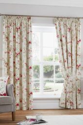 Fusion 'Jeannie' 100% Cotton Light Filtering Pair of Pencil Pleat Curtains in Red - Size: 117 cm width x 137 cm drop