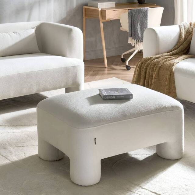 Wyld and Coco White Woven Fabric Ottoman with Plush Padding and Cylindrical Legs - image 1