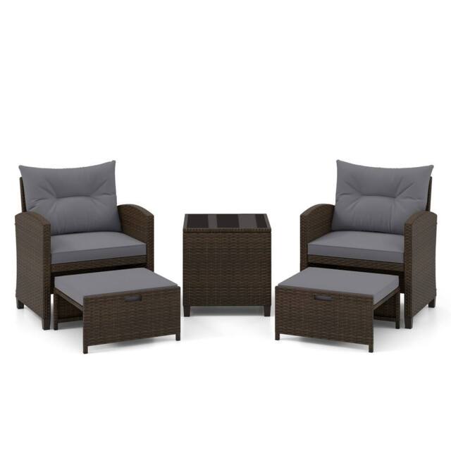 Costway 5 Piece Patio Rattan Furniture With 2 Ottomans & Tempered Glass Coffee Table in Grey - image 1