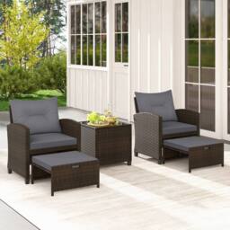 Costway 5 Piece Patio Rattan Furniture With 2 Ottomans & Tempered Glass Coffee Table in Grey - thumbnail 7
