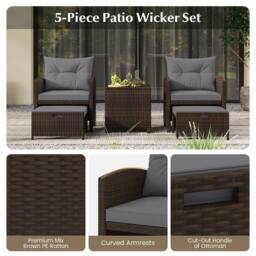 Costway 5 Piece Patio Rattan Furniture With 2 Ottomans & Tempered Glass Coffee Table in Grey - thumbnail 6