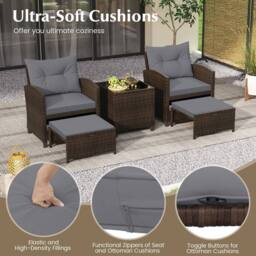 Costway 5 Piece Patio Rattan Furniture With 2 Ottomans & Tempered Glass Coffee Table in Grey - thumbnail 3