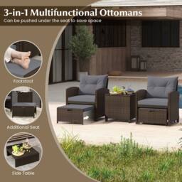 Costway 5 Piece Patio Rattan Furniture With 2 Ottomans & Tempered Glass Coffee Table in Grey - thumbnail 5