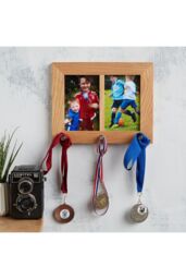 "MijMoj Design Solid Oak Twin Aperture (Two 6"" x 4"" Photos) Photo Frame with Medal Hanger - Sports Medal Display in Light Oak" - thumbnail 2
