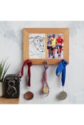 "MijMoj Design Solid Oak Twin Aperture (Two 6"" x 4"" Photos) Photo Frame with Medal Hanger - Sports Medal Display in Light Oak"