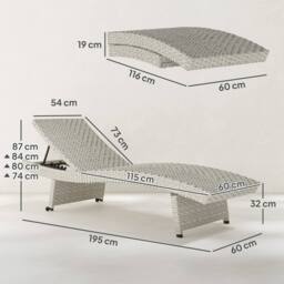 Kelvenix PE Rattan Sun Lounger with 4-Level Adjustable Backrest in Grey - Size: 0.6m2 - thumbnail 2