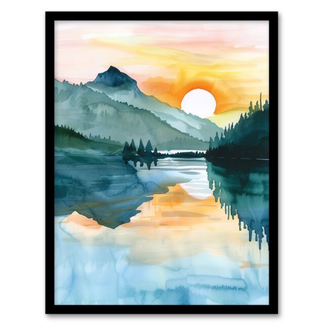 "Artery8 Sun Rising Over Lake Blanche Mountain Landscape Framed Wall Art in Green - Size: W12"" x H16""" - image 1