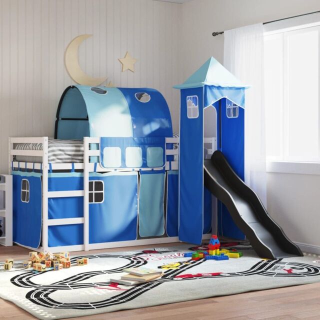 Berkfield Home Bunk Bed without Mattress with Slide & Curtains Blue 90x200 cm - image 1