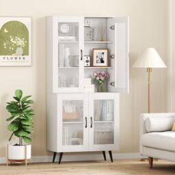 Gymax Kitchen Pantry Cabinet 178 cm Tall Cupboard With 4 Transparent Doors in White - thumbnail 3