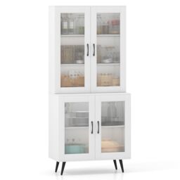 Gymax Kitchen Pantry Cabinet 178 cm Tall Cupboard With 4 Transparent Doors in White