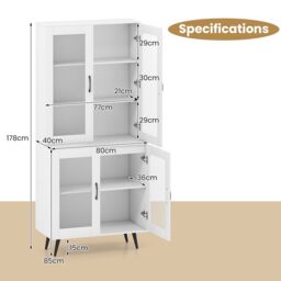 Gymax Kitchen Pantry Cabinet 178 cm Tall Cupboard With 4 Transparent Doors in White - thumbnail 2