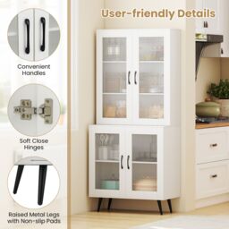 Gymax Kitchen Pantry Cabinet 178 cm Tall Cupboard With 4 Transparent Doors in White - thumbnail 9