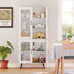 Gymax Kitchen Pantry Cabinet 178 cm Tall Cupboard With 4 Transparent Doors in White - thumbnail 4