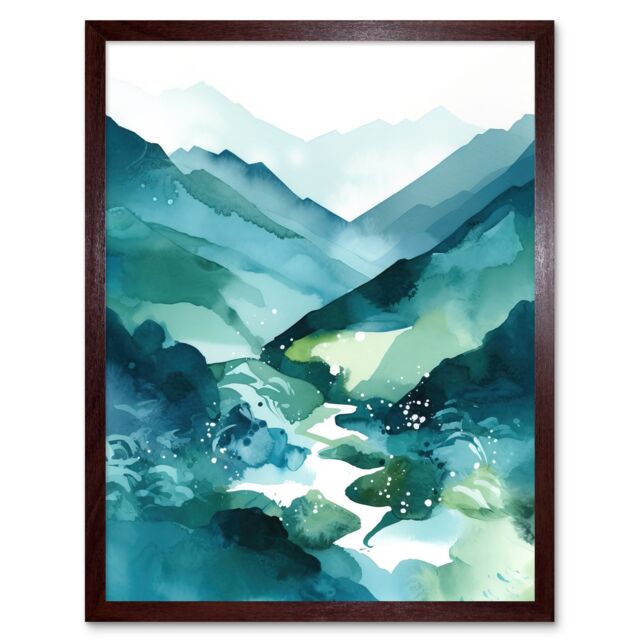 "Artery8 Wall Art Print River Trail in the Scottish Highlands Modern Landscape Watercolour Painting Art Framed in Brown - Size: W12"" x H16""" - image 1
