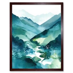 "Artery8 Wall Art Print River Trail in the Scottish Highlands Modern Landscape Watercolour Painting Art Framed in Brown - Size: W12"" x H16""" - thumbnail 1