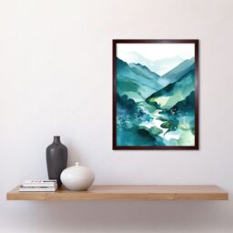 "Artery8 Wall Art Print River Trail in the Scottish Highlands Modern Landscape Watercolour Painting Art Framed in Brown - Size: W12"" x H16""" - thumbnail 2