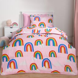 OHS Coverless Duvet Pillowcase Rainbow 10.5 Tog Bedding Set Travel Soft Quilt in Pink - Size: Single