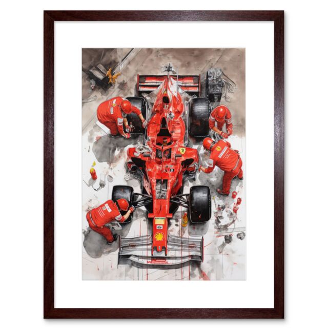 "Artery8 Wall Art Print Grand Prix Race Car Wheel Change Aerial Shot Artwork Framed 9X7 Inch in Brown - Size: W7"" x H9""" - image 1