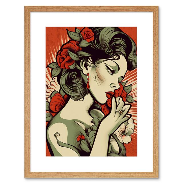 "Artery8 Wall Art Print Femme Fatale Roses Pin Up Rockabilly Americana 50s Artwork Framed 9X7 Inch in Beige - Size: W7"" x H9""" - image 1