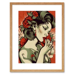 "Artery8 Wall Art Print Femme Fatale Roses Pin Up Rockabilly Americana 50s Artwork Framed 9X7 Inch in Beige - Size: W7"" x H9""" - thumbnail 1