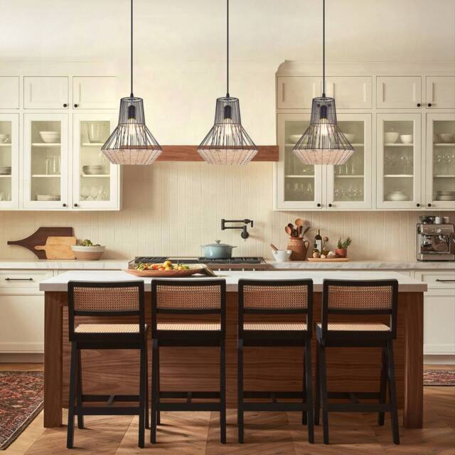 Living and Home Geometric Rattan and Iron Pendant Light in Natural - image 1