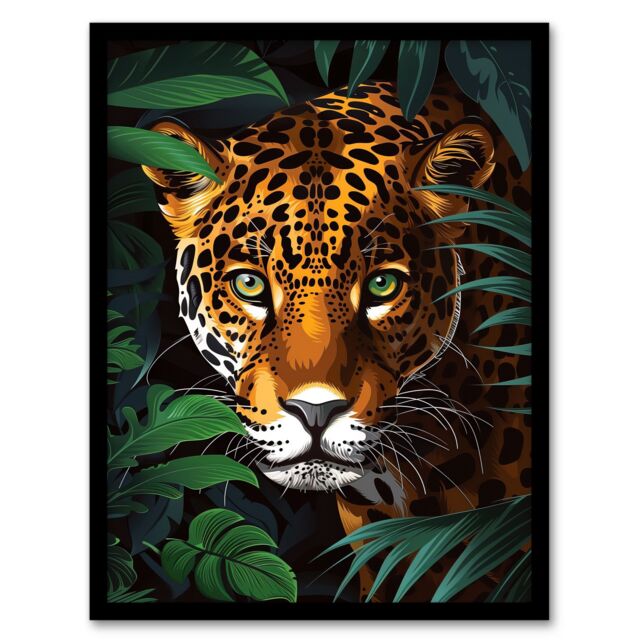 "Artery8 Powerful Jaguar Lurking In Jungle Plants Painting Framed Wall Art in Dark Green - Size: W12"" x H16""" - image 1