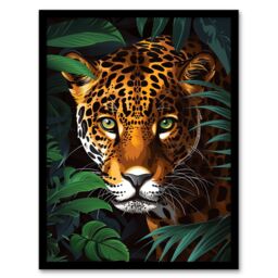 "Artery8 Powerful Jaguar Lurking In Jungle Plants Painting Framed Wall Art in Dark Green - Size: W12"" x H16""" - thumbnail 1