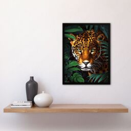 "Artery8 Powerful Jaguar Lurking In Jungle Plants Painting Framed Wall Art in Dark Green - Size: W12"" x H16""" - thumbnail 4
