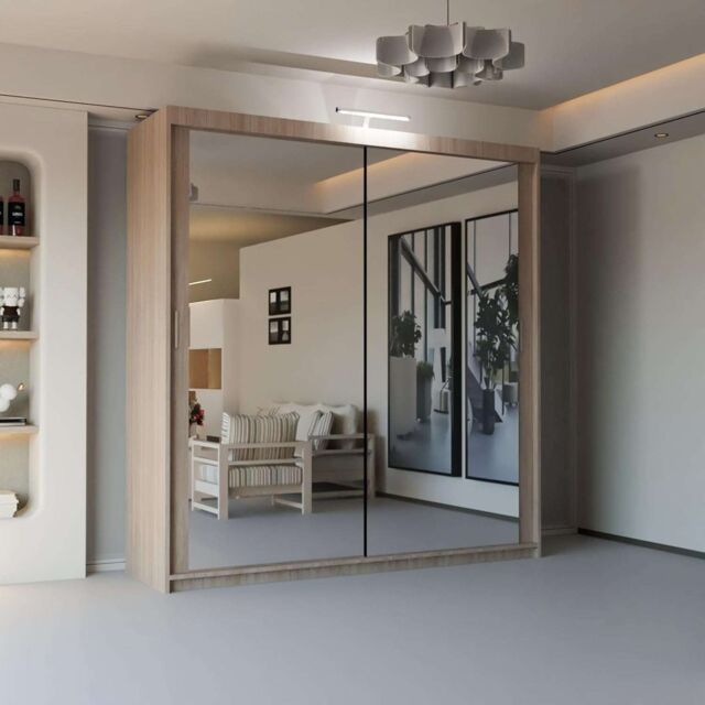 Sliding Wardrobes 4U Double Mirror Sliding Wardrobe With LED Light W150cm x H217cm x D62cm in Light Brown - image 1