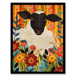 "Artery8 Bohemian Sheep Vibrant Trippy Flower Pattern Framed Art Print in Orange - Size: W12"" x H16""" - thumbnail 1